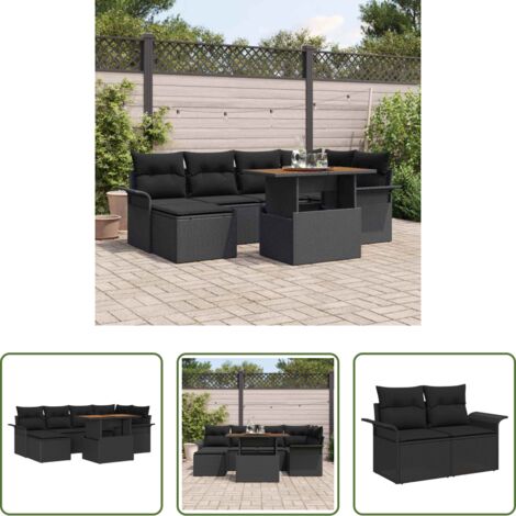 Asientos exteriores -  Conjunto de sofá de jardín 7 pcs Negro Poliratán