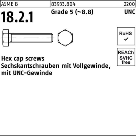ASME B 18.2.1 Sechskantschraube UNC VG 1/2x1" Stahl 8.8 blank" 50 Stk
