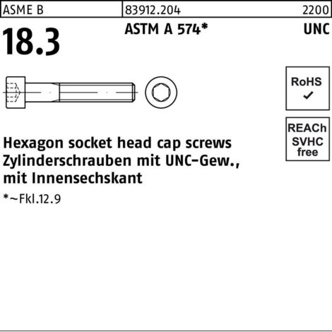 ASME B 18.3 Zylinderkopfschraube UNC 1/2"x1 3/4" Stahl 12.9 blank Innensechskant 50 Stk