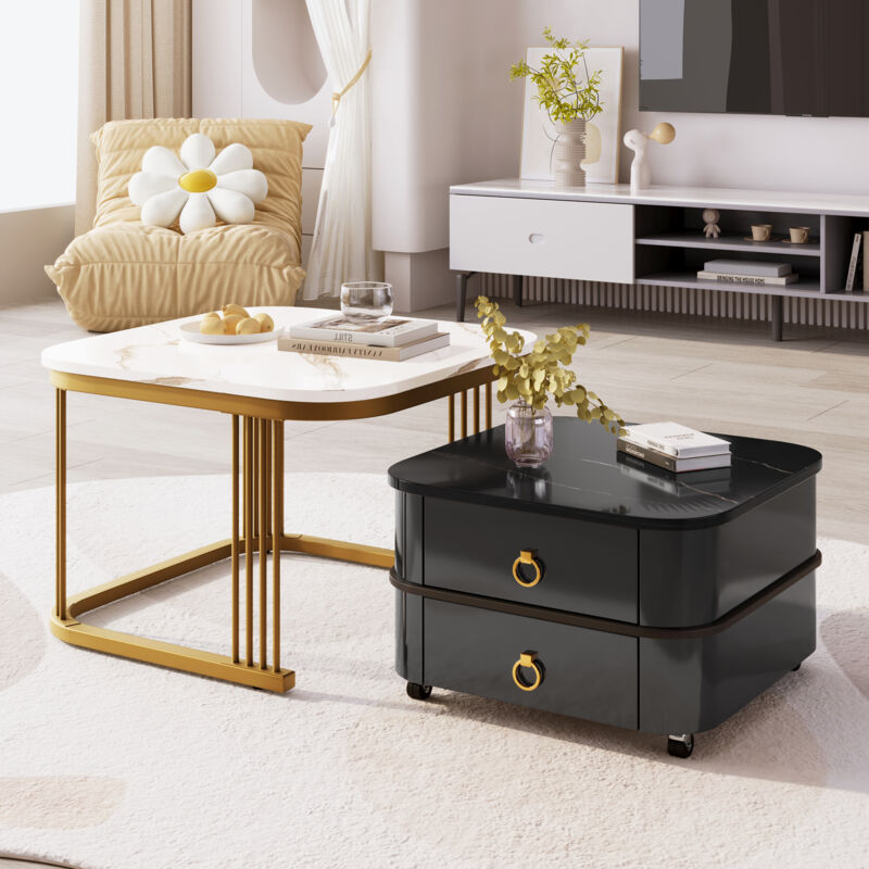 Okwish - Ensemble de 2 tables basses gigognes noire et blanche, aspect marbre, table carrée avec tiroirs