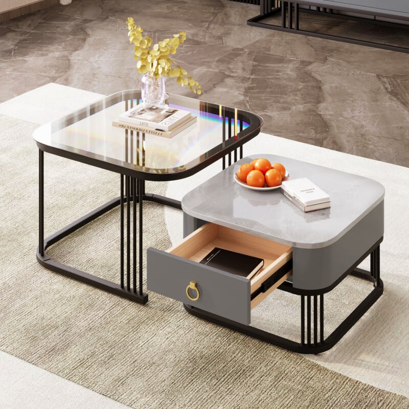 Okwish - Ensemble de 2 tables basses gigognes grise, aspect marbre, plateau en verre, table carrée avec tiroirs