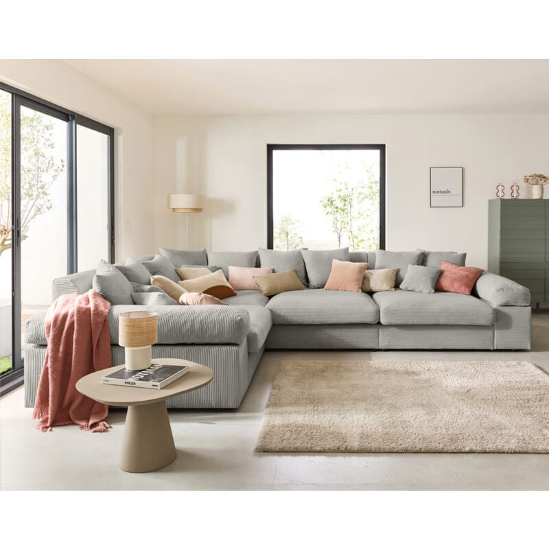 Lisa Design - Aspen - canapé d'angle réversible 5 places - assise profonde - en velours côtelé - gris clair