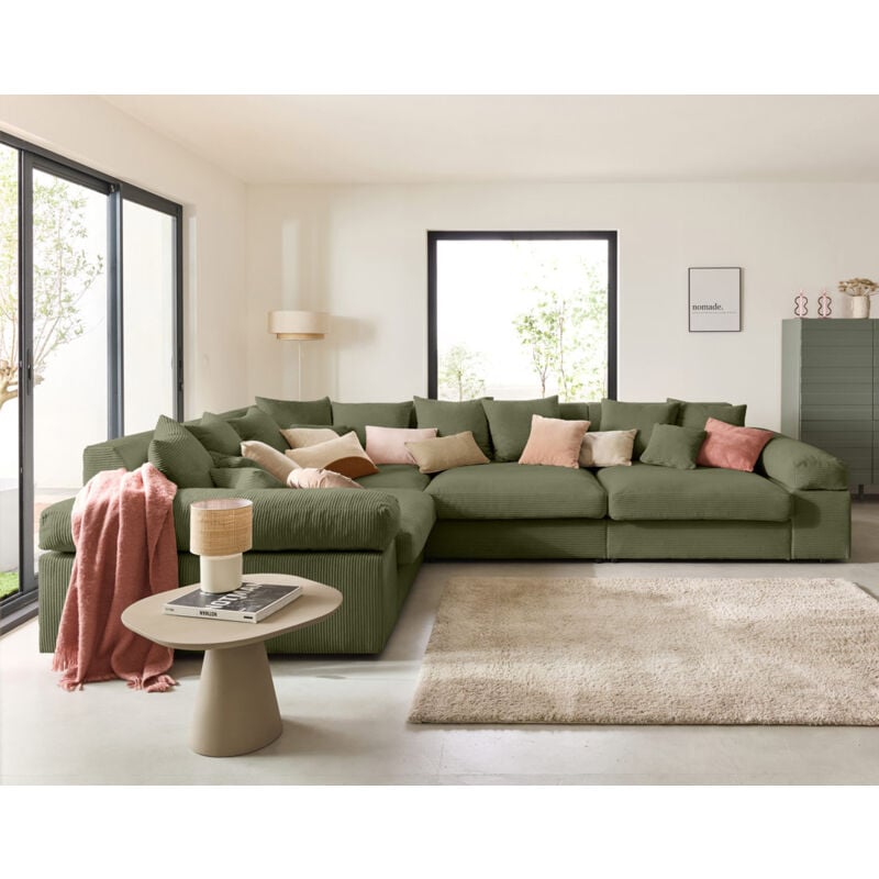 Lisa Design - Aspen - canapé d'angle réversible 5 places - assise profonde - en velours côtelé - vert