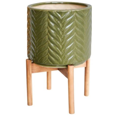 Aspen Chevron Planter - Ceramic/Wood - L22 x W22 x H34 cm - Olive