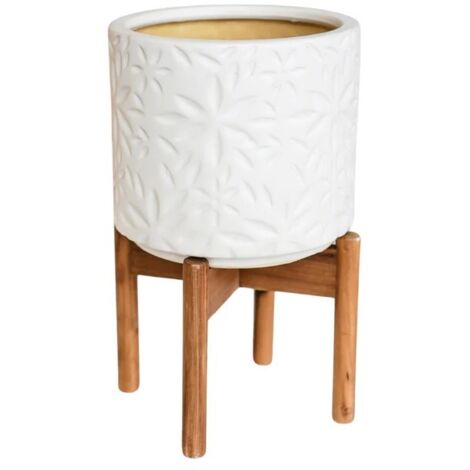 Aspen Flower Planter - Ceramic/Wood - L22 x W22 x H34 cm - White