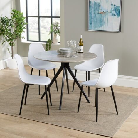 Aspen Round Dining Table and 4 Curve Plastic Seats Chairs with Metal Legs - Grey Oak/White/Black - Flat Packed
