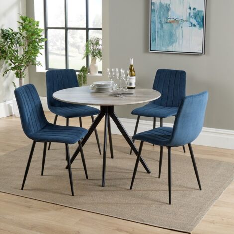 Aspen Round Dining Table with 4 Straight Stitch Cord Dining Chairs - Grey Oak/Blue/Black - Flat Packed