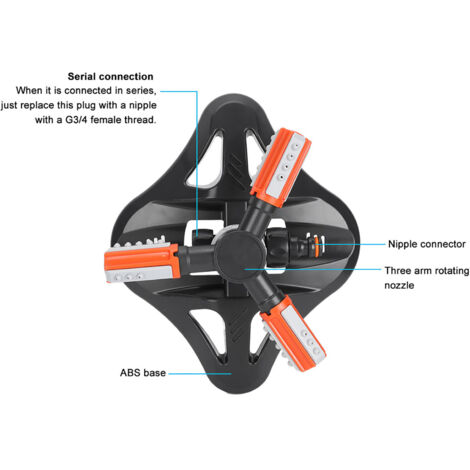 Aspersor automático de 3 brazos con función de rotación de 360° para sistemas de riego de jardines y césped, incluye base de ABS, 3 accesorios y está disponible en varios colores.
