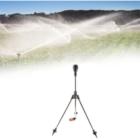 Aspersor automático giratorio de 360° con trípode, manguera y soporte – 3 piezas, acero inoxidable, para jardín y agricultura.