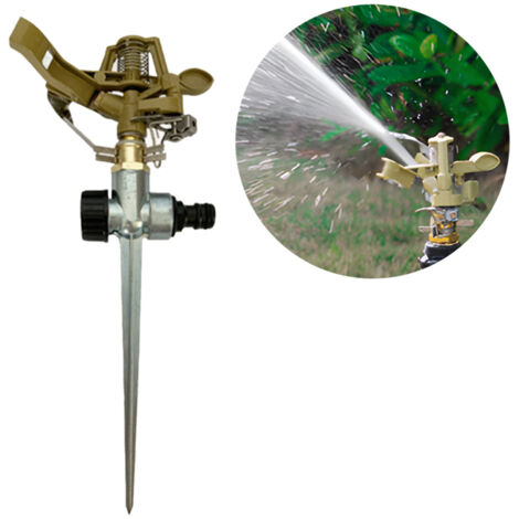 Aspersor de impacto de alta resistencia con estaca, fabricado en aleación de zinc, ideal para jardines, céspedes y patios. Rotación de 360° para una amplia cobertura. Conector universal de 1/2" con ca