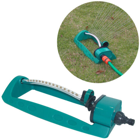 Aspersor oscilante ajustable de 15 orificios para riego de césped y jardín, con amplia cobertura.