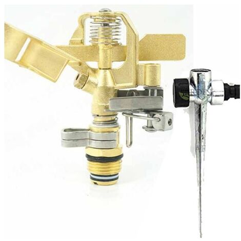 Aspersor riego latón ajustable 10-15 m. Rosca 1/2''. Incluye porta aspersor metálico