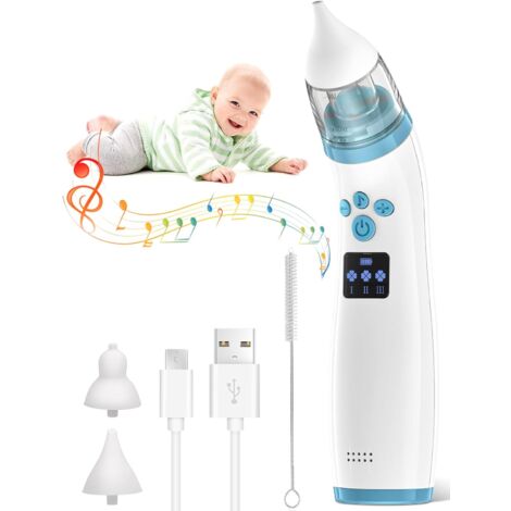 Aspirador nasal eléctrico para bebés, aspirador nasal recargable para bebés con 3 niveles de succión y 2 de silicona suave, aspirador nasal para bebés con música para recién nacidos y niños pequeños, 