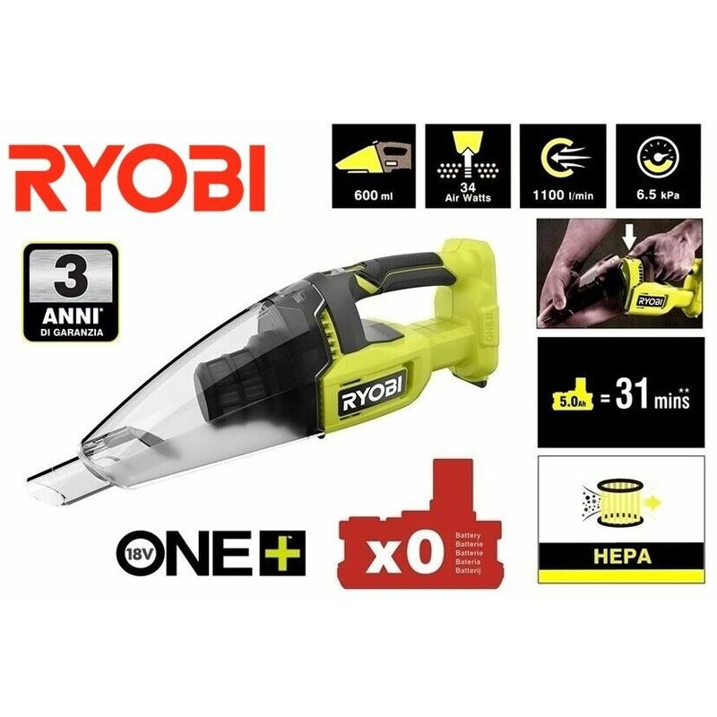 ryobi - aspiratore manuale rhv18-0 - 18v oneplus - 600ml - senza batteria e caricabatterie