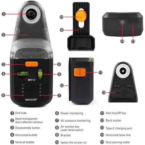 Aspirapolvere elettrico a raggi infrarossi con laser, aspiratore per trapano, aspirapolvere da parete per forature senza polvere su superfici piane (per punte da trapano fino a 13 mm)