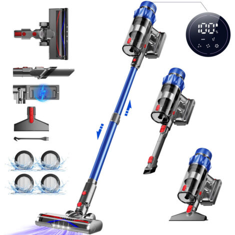 Aspirapolvere senza filo blu - 65000Pa - 70 min di autonomia - 3 velocità - schermo tattile - design autoportante - 1,8L - adatto ai peli di animali - scopa elettrica moderna