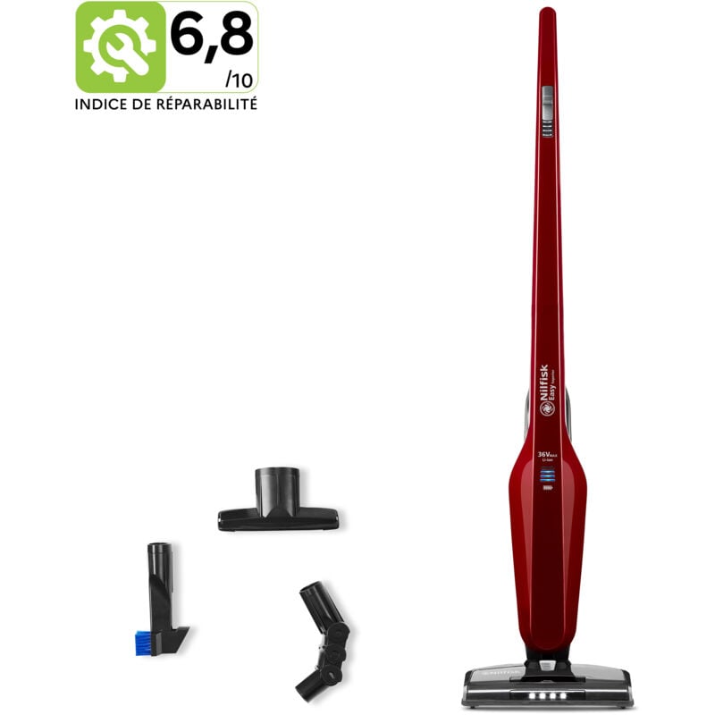 Nilfisk - Easy 2 en 1 - Aspirateur Balai Vertical et Aspirateur à Main, Sans Fil et Sans Sac, Avec 3 Accessoires - Rouge (36V)