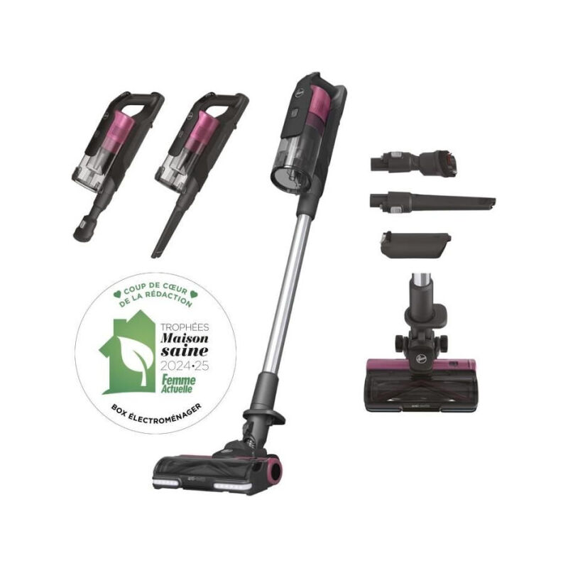 Hoover - Aspirateur Balai sans fil HF920H - 65 aw - 86 dBA - Ecran led - Rose / Gris