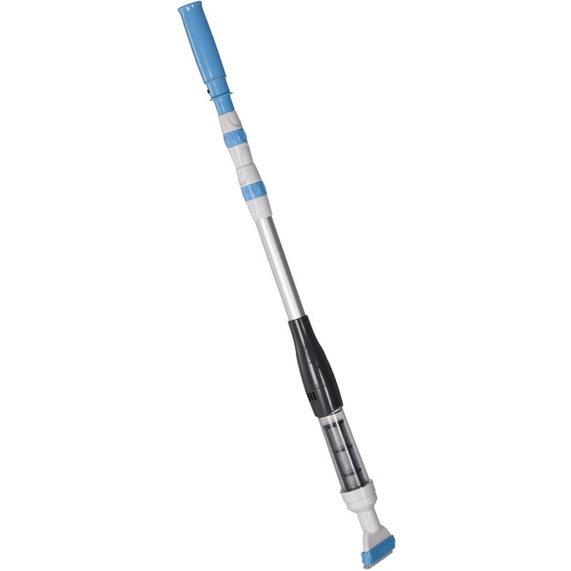 Aspirateur balai électrique sans fil piscine spa - manche télescopique 106-162 cm - brosse, sac filtrant - abs alu. - blanc bleu