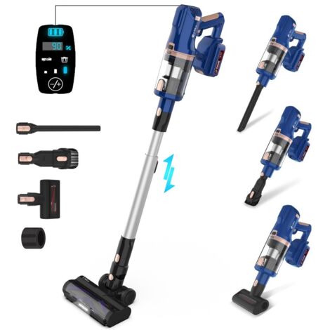 Aspirateur balai sans fil 2-en-1 300W-bleu-filtration HEPA-4000mAh-écran LED-nettoyage mains/sols-30x25x115(cm)