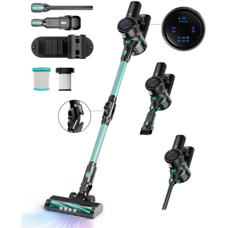 Aspirateur Balai sans Fil, 28KPA Aspirateur sans Fil, 3 Vitesses, écran à LED, 40Minutes d'Autonomie avec Batterie Amovible, Aspirateur Balai pour Sols Durs/Les Poils d'animaux/Tapis(Vert)