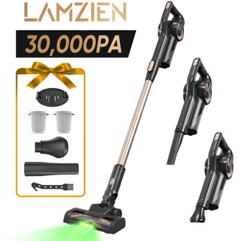 LAMZIEN Aspirateur Balai Sans Fil, 30000PA/40min Autonomie, Filtration Haute Efficacité, Brosse Anti-Enchevêtrement avec Lumière LED Verte