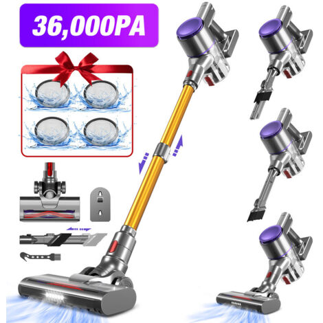 Aspirateur Balai Sans Fil 36000Pa 500W – Aspirateur à Main Rechargeable avec 50 min d’Autonomie, 2 Niveaux d’Aspiration, Bac 1,6 L pour Tapis & Sols Durs, Authmic, Or