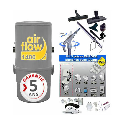Aspirateur central 1400 – Dépression 2820 mmCE – Débit d’air 189 m3/h – 6 prises – Kit complet avec 8 accessoires et flexible 9 ml – Airflow