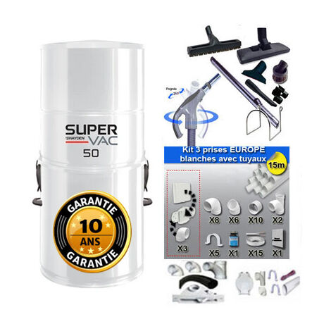 Aspirateur central à sac HAYDEN SuperVac 50 GARANTIE 10 ANS (jusqu’à 250 m²) + trousse inter 9 ML + 8 accessoires + kit 3 prises + kit prise balai + kit prise garage