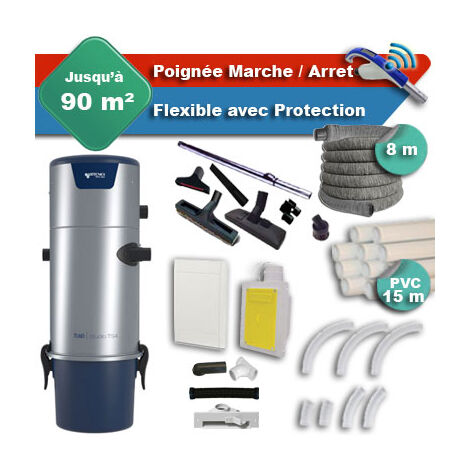 Aspirateur central Aertecnica TS2 garantie 3 ans + flexible rétractable 8 m avec housse de protection + poignée marche/arrêt + 7 accessoires + kit 1 prise RETRAFLEX + kit prise balai (rayon d'action 9