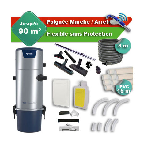 Aspirateur central Aertecnica TS2 garantie 3 ans + flexible rétractable  8 m + poignée marche/arrêt + 7 accessoires + kit 1 prise RETRAFLEX + kit prise balai (rayon d'action 90 m2)