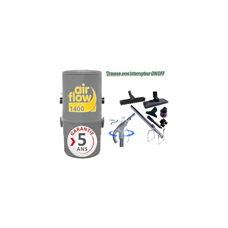 Aspirateur central Airflow 1400 garantie 5 ans (jusqu'à 180 m²) + trousse inter 9 ml + 8 accessoires + 1 kit de nettoyage micro offert