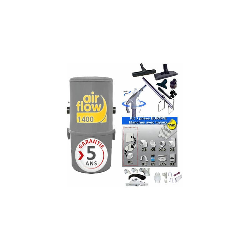 Aspirateur central Airflow 1400 garantie 5 ans (jusqu'à 180 m²) + trousse inter 9 ml + 8 accessoires + kit 3 prises + kit prise balai + kit prise