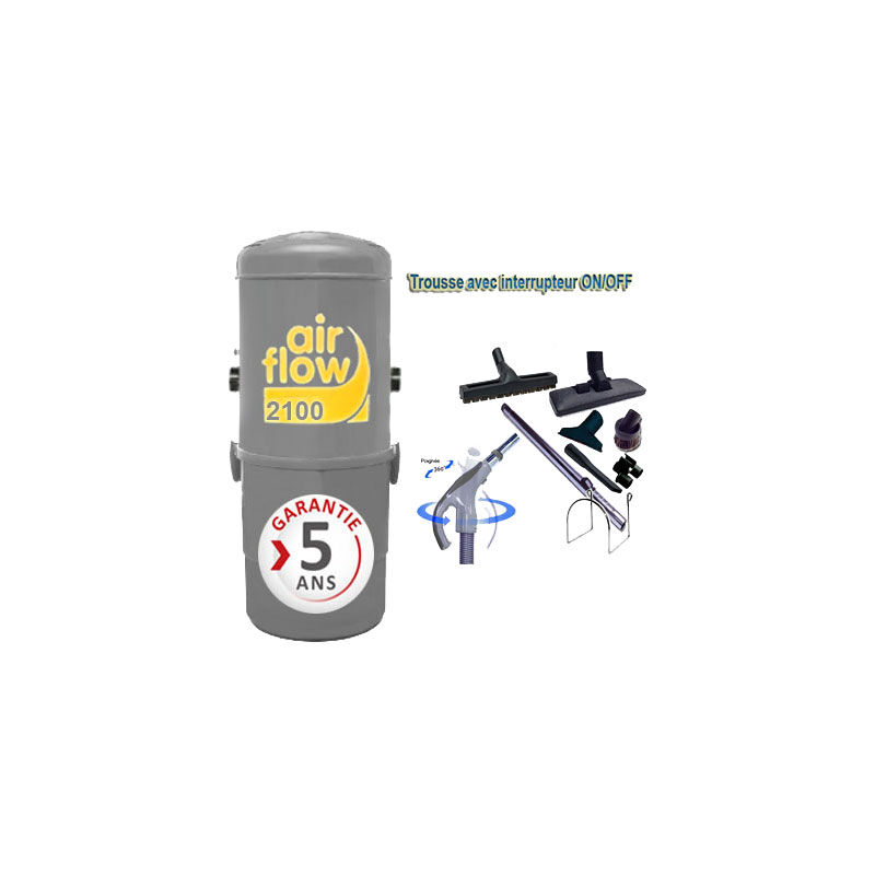 Aspirateur central Airflow 2100 garantie 5 ans (jusqu'à 400 m²) + trousse inter 9 ml + 8 accessoires + 1 kit de nettoyage micro offert