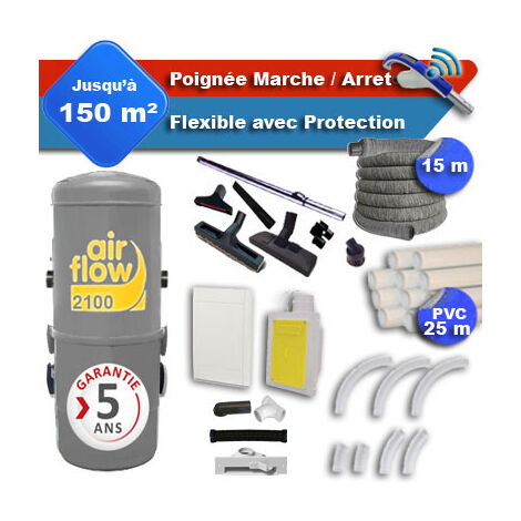 Aspirateur central AIRFLOW 2100 garantie 5 ans + flexible rétractable 15 m avec housse de protection + poignée marche/arrêt + 7 accessoires + kit 1 prise RETRAFLEX + kit prise balai (rayon d'action 15