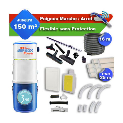 Aspirateur central ASPIBOX Power garantie 3 ans + flexible rétractable 16 m + poignée marche/arrêt + 7 accessoires + kit 1 prise RETRAFLEX + kit prise balai (rayon d'action 150 m2)