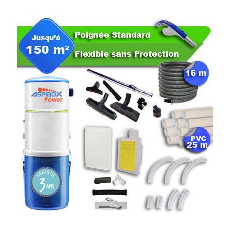 Aspirateur central ASPIBOX Power garantie 3 ans + flexible rétractable 16 m standard + 7 accessoires + kit 1 prise RETRAFLEX + kit prise balai (rayon d'action 150 m2)