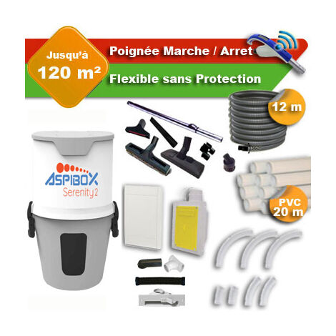 Aspirateur central ASPIBOX Serenity2 garantie 4 ans + flexible rétractable 12 m + poignée marche/arrêt + 7 accessoires + kit 1 prise RETRAFLEX + kit prise balai (rayon d'action 120 m2)