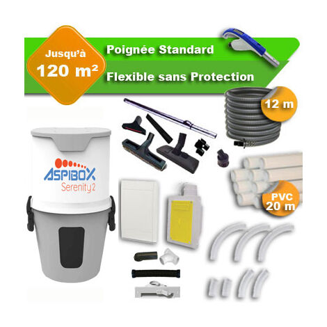 Aspirateur central ASPIBOX Serenity2 garantie 4 ans + flexible rétractable 12 m standard + 7 accessoires + kit 1 prise RETRAFLEX + kit prise balai (rayon d'action 120 m2)
