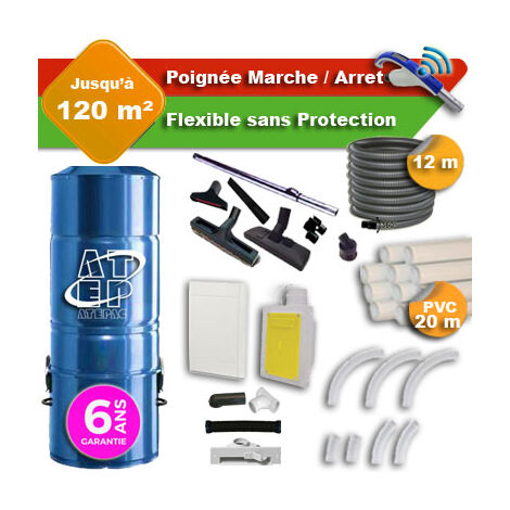 Aspirateur central hybride ATEPAC 70 GARANTIE 6 ANS + flexible rétractable  12 m + poignée marche/arrêt + 7 accessoires + kit 1 prise RETRAFLEX + kit prise balai (rayon d'action 120 m2)