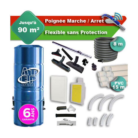 Aspirateur central hybride ATEPAC 70 GARANTIE 6 ANS + flexible rétractable  8 m + poignée marche/arrêt + 7 accessoires + kit 1 prise RETRAFLEX + kit prise balai (rayon d'action 90 m2)