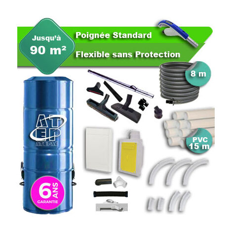 Aspirateur central hybride ATEPAC 70 GARANTIE 6 ANS + flexible rétractable 8 m standard + 7 accessoires + kit 1 prise RETRAFLEX + kit prise balai (rayon d'action 90 m2)