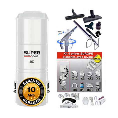 Aspirateur central hybride HAYDEN SuperVac 80 GARANTIE 10 ANS (jusqu’à 500 m²) + trousse inter 9 ML + 8 accessoires + kit 4 prises + kit prise balai + kit prise garage