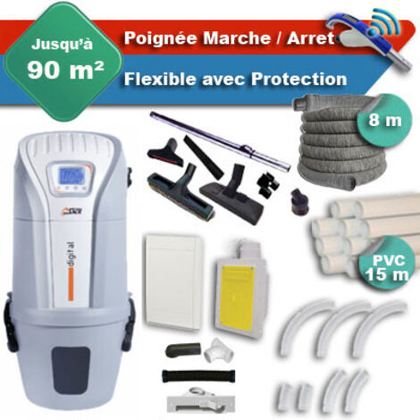Aspirateur central SACH VAC Digital 1.6 kW garantie 4 ans + flexible rétractable 8 m avec housse de protection + poignée marche/arrêt + 7 accessoires + kit 1 prise RETRAFLEX + kit prise balai (rayon d