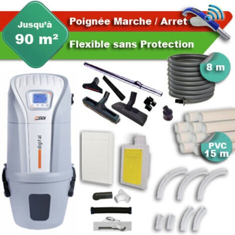 Aspirateur central SACH VAC Digital 1.6 kW garantie 4 ans + flexible rétractable 8 m + poignée marche/arrêt + 7 accessoires + kit 1 prise RETRAFLEX + kit prise balai (rayon d'action 90 m2)