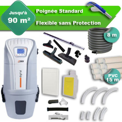 Aspirateur central SACH VAC Digital 1.6 kW garantie 4 ans + flexible rétractable 8 m standard + 7 accessoires + kit 1 prise RETRAFLEX + kit prise balai (rayon d'action 90 m2)