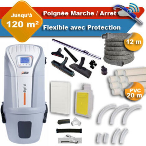 Aspirateur central SACH VAC Digital 1.8 kW garantie 4 ans + flexible rétractable 12 m avec housse de protection + poignée marche/arrêt + 7 accessoires + kit 1 prise RETRAFLEX + kit prise balai (rayon 