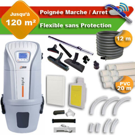 Aspirateur central SACH VAC Digital 1.8 kW garantie 4 ans + flexible rétractable 12 m + poignée marche/arrêt + 7 accessoires + kit 1 prise RETRAFLEX + kit prise balai (rayon d'action 120 m2)