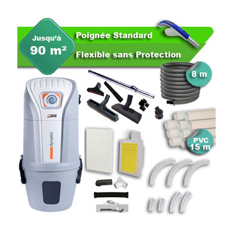 Aspirateur central SACH VAC Dynamic 1.6 kW garantie 4 ans + flexible rétractable 8 m standard + 7 accessoires + kit 1 prise RETRAFLEX + kit prise balai (rayon d'action 90 m2)