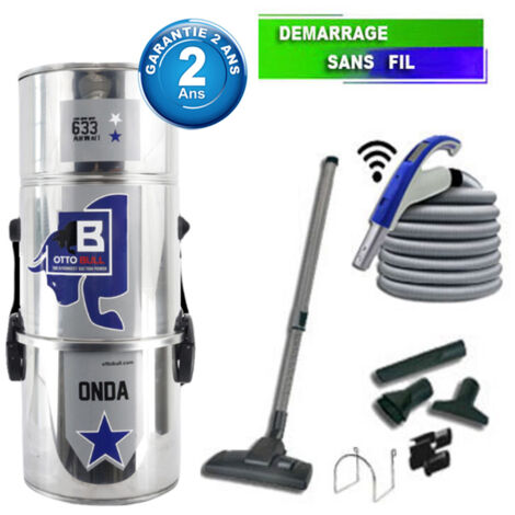 Aspirateur central type ALDES, OTTO BULL ONDA 300 INOX (jusqu’à 300 m²) + set accessoires - Garantie 2 ans